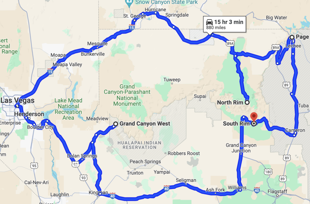 Map showing loop surrounding the Grand Canyon